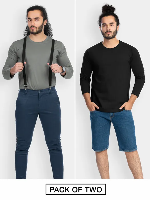 Pack of 2-Plain Full Sleeve T-shirt Combo Space Grey And Black