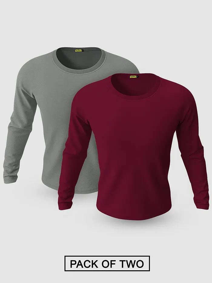 Pack of 2-Plain Full Sleeve T-shirt Combo Space Grey And Burgundy