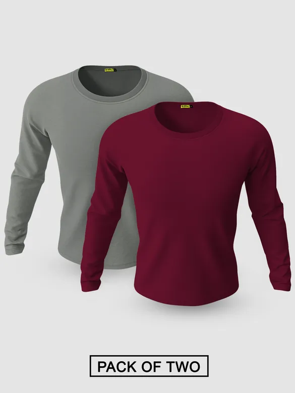 Pack of 2-Plain Full Sleeve T-shirt Combo Space Grey And Burgundy