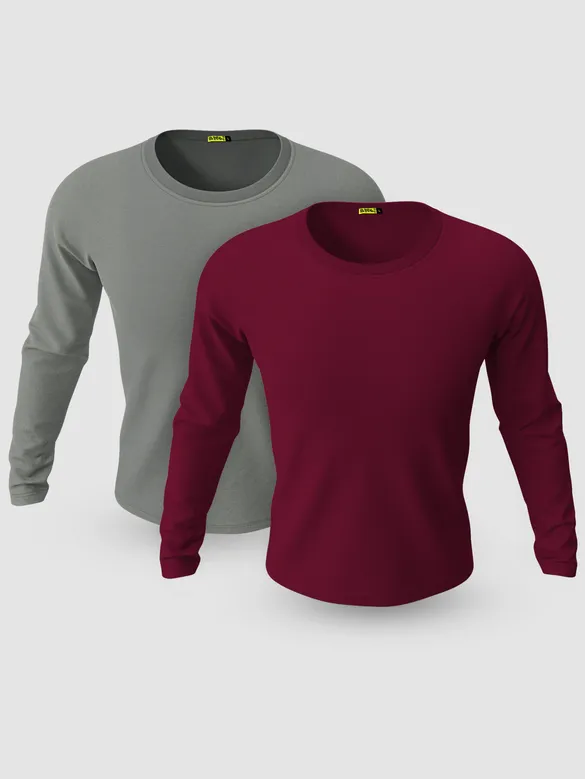 Pack of 2-Plain Full Sleeve T-shirt Combo Space Grey And Burgundy