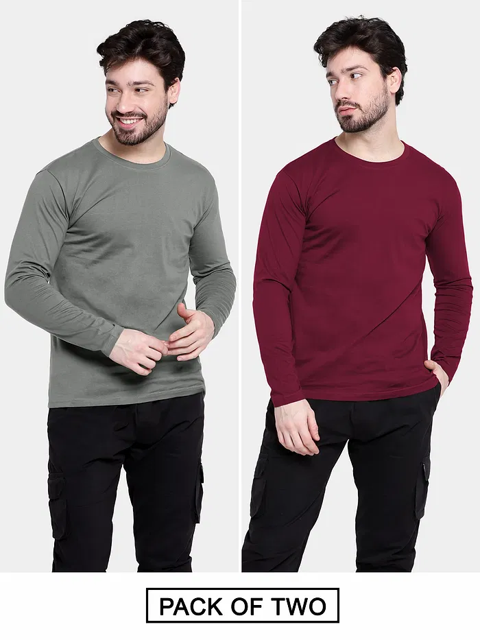 Pack of 2-Plain Full Sleeve T-shirt Combo Space Grey And Burgundy