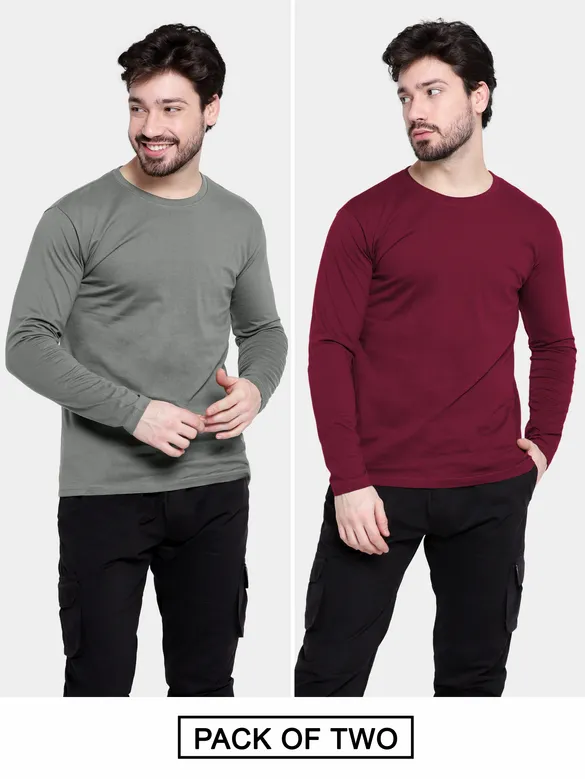 Pack of 2-Plain Full Sleeve T-shirt Combo Space Grey And Burgundy