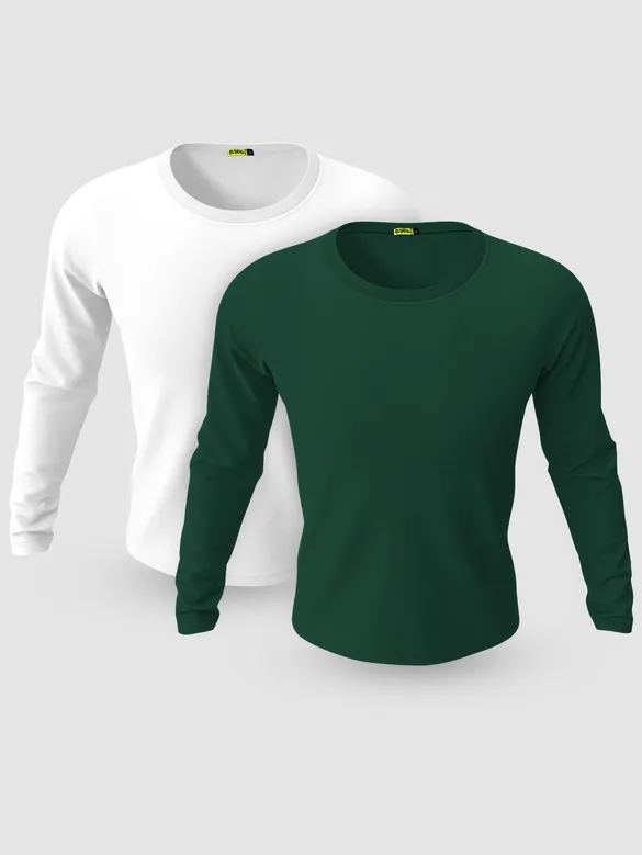 Pack of 2-Plain Full Sleeve T-shirt Combo White And Bottle Green