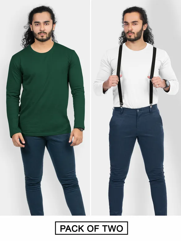 Pack of 2-Plain Full Sleeve T-shirt Combo White And Bottle Green