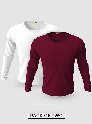 Pack of 2-Plain Full Sleeve T-shirt Combo White And Burgundy
