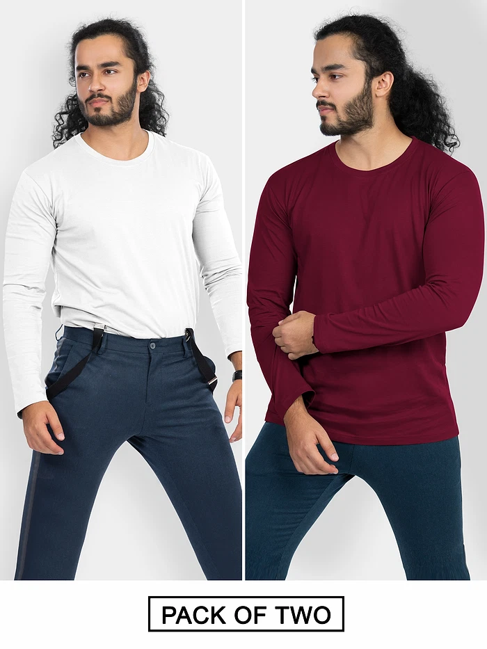 Pack of 2-Plain Full Sleeve T-shirt Combo White And Burgundy