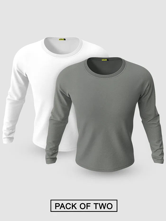 Pack of 2-Plain Full Sleeve T-shirt Combo White And Space Grey