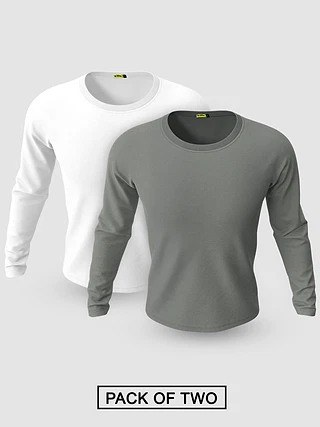 Pack of 2-Plain Full Sleeve T-shirt Combo White And Space Grey