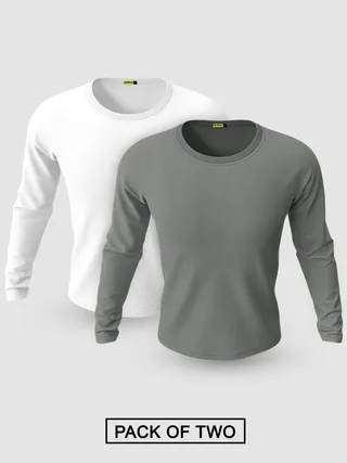 Pack of 2-Plain Full Sleeve T-shirt Combo White And Space Grey