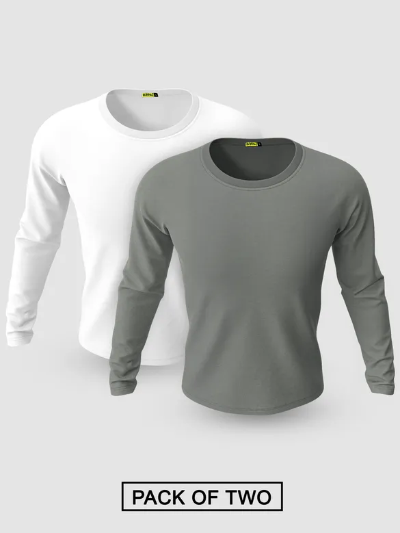 Pack of 2-Plain Full Sleeve T-shirt Combo White And Space Grey