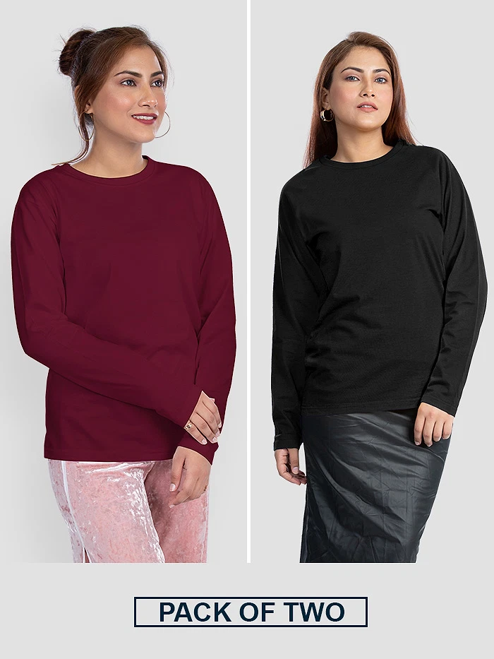 Pack Any 2 - Women Plain Full Sleeve T-shirt Combo Black And Burgundy