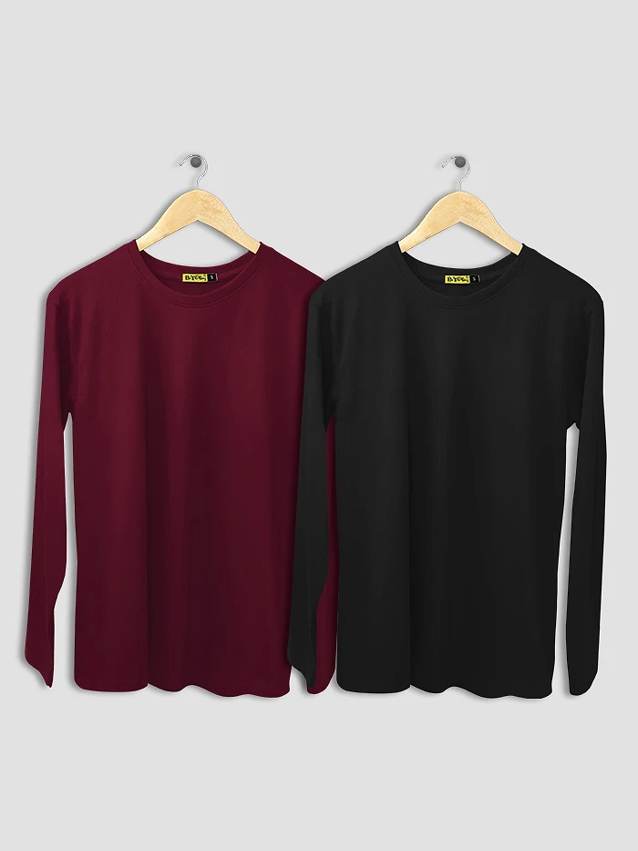 Pack of 2 - Women Plain Full Sleeve T-shirt Combo Black And Burgundy