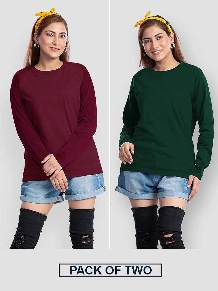 Pack of 2 - Women Plain Full Sleeve T-shirt Combo Burgundy And Bottle Green