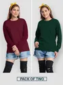 Pack of 2 - Women Plain Full Sleeve T-shirt Combo Burgundy And Bottle Green