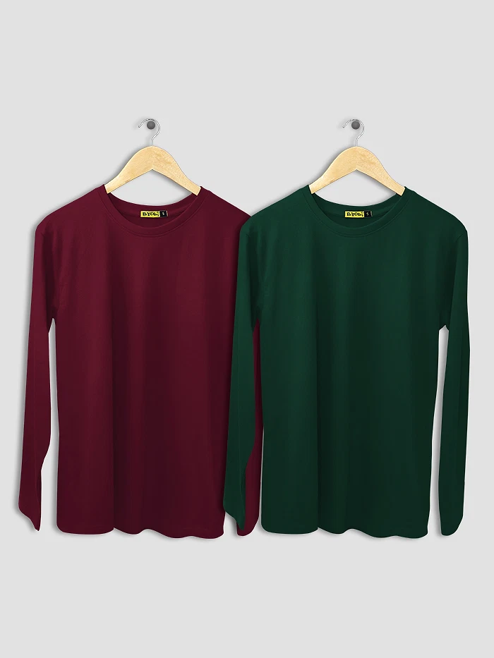 Pack of 2 - Women Plain Full Sleeve T-shirt Combo Burgundy And Bottle Green