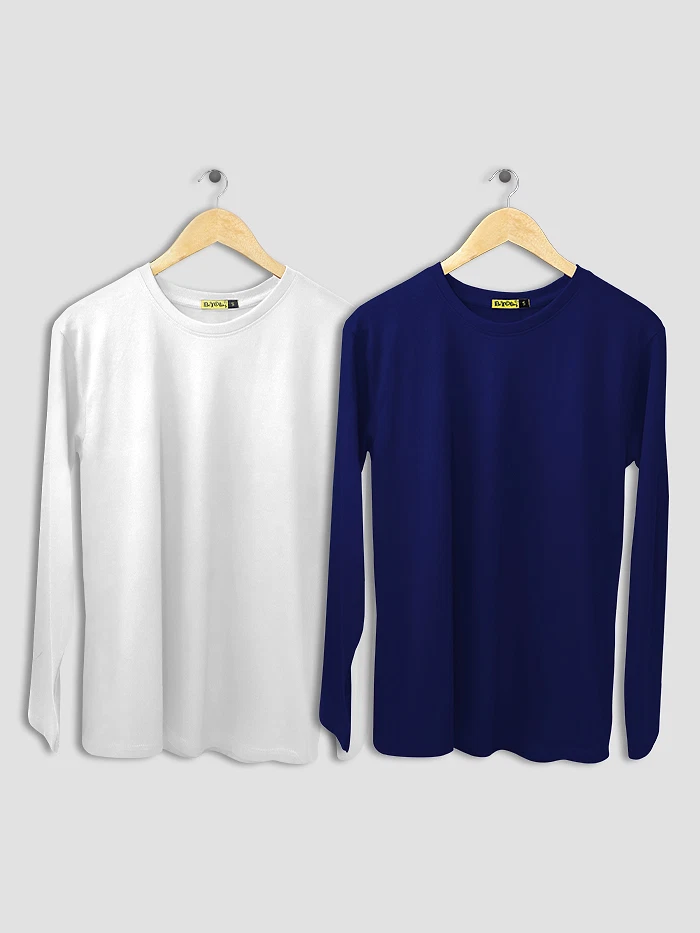 Pack of 2 - Women Plain Full Sleeve T-shirt Combo Navy Blue And White