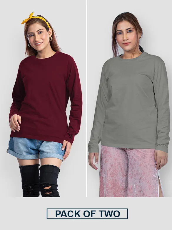 Pack of 2 - Women Plain Full Sleeve T-shirt Combo Space Grey And Burgundy