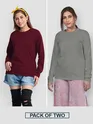 Pack of 2 - Women Plain Full Sleeve T-shirt Combo Space Grey And Burgundy