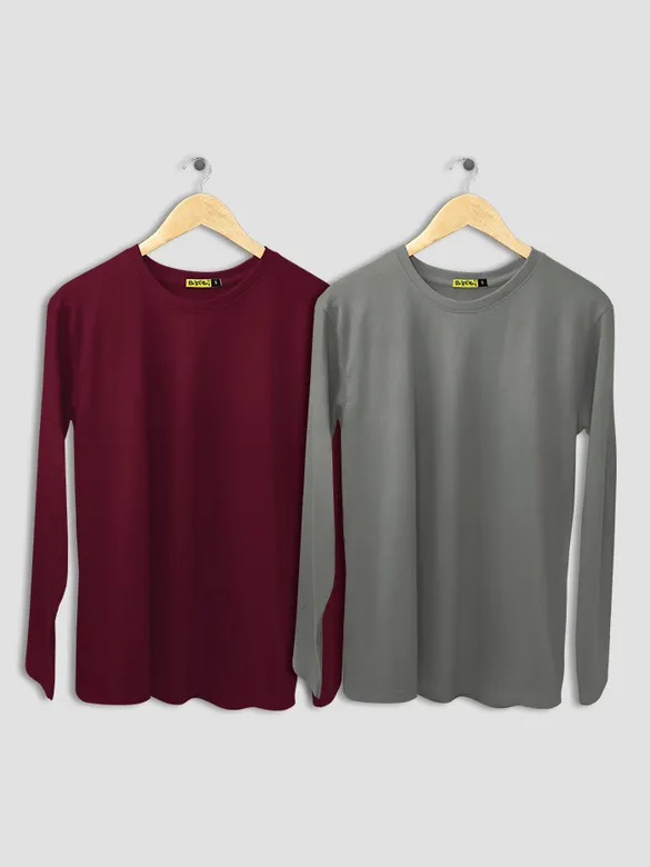 Pack of 2 - Women Plain Full Sleeve T-shirt Combo Space Grey And Burgundy
