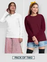 Pack of 2 - Women Plain Full Sleeve T-shirt Combo White And Burgundy