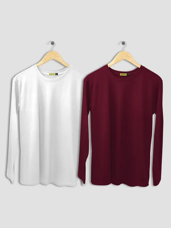 Pack of 2 - Women Plain Full Sleeve T-shirt Combo White And Burgundy