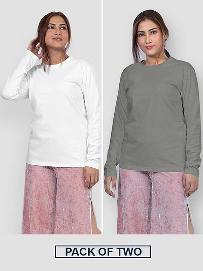 Pack of 2 - Women Plain Full Sleeve T-shirt Combo White And Space Grey