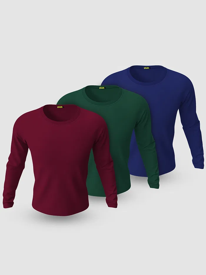Pack of 3-Full Sleeve T-shirt Combo Burgundy Green Navy Blue