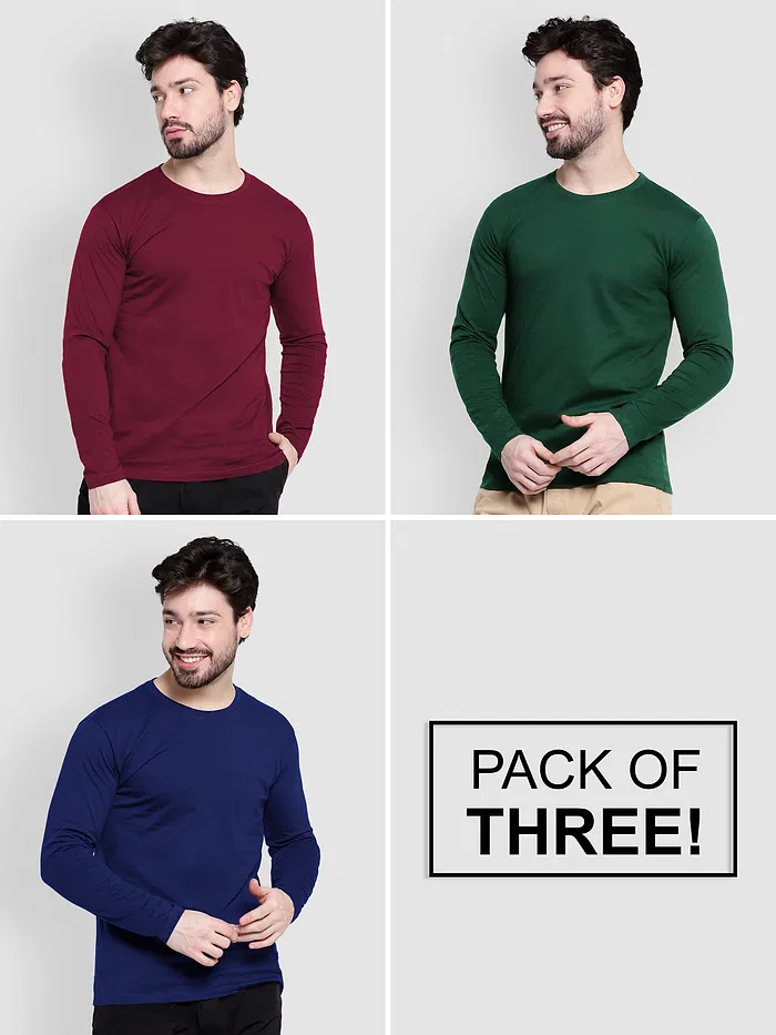 Pack of 3-Full Sleeve T-shirt Combo Burgundy Green Navy Blue