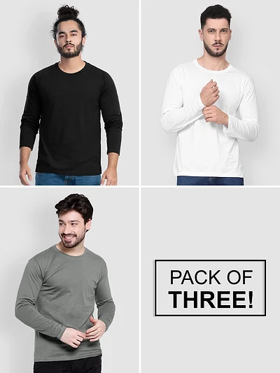  Pack Of 3 Plain Full Sleeve T-shirt Black White And Grey