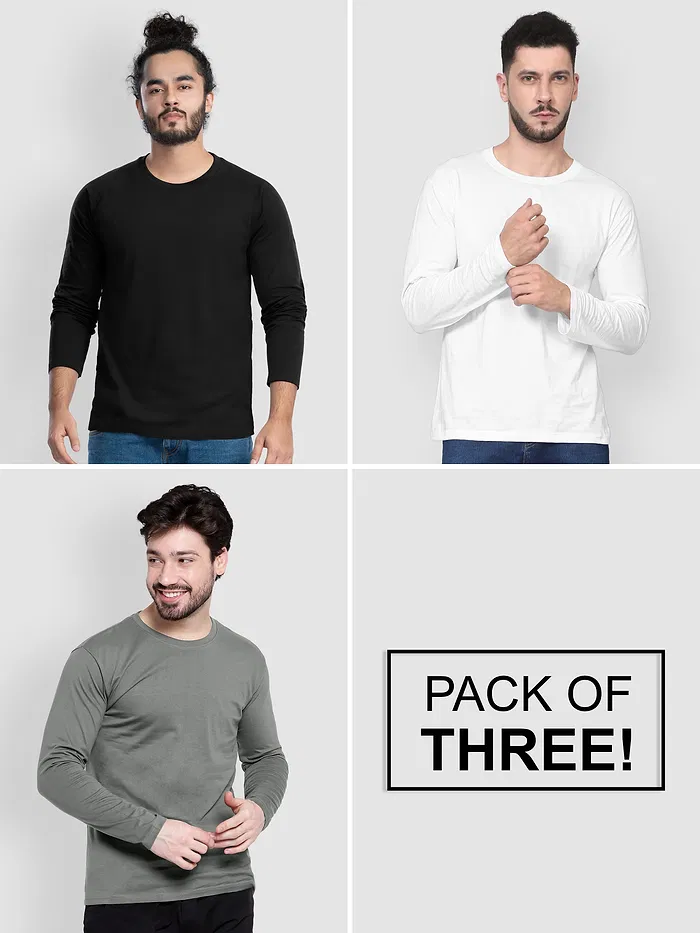  Pack Of 3 Plain Full Sleeve T-shirt Black White And Grey