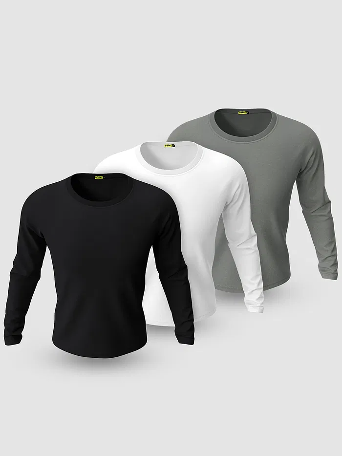Pack of 3 Plain Full Sleeve T-shirt Black White And Grey
