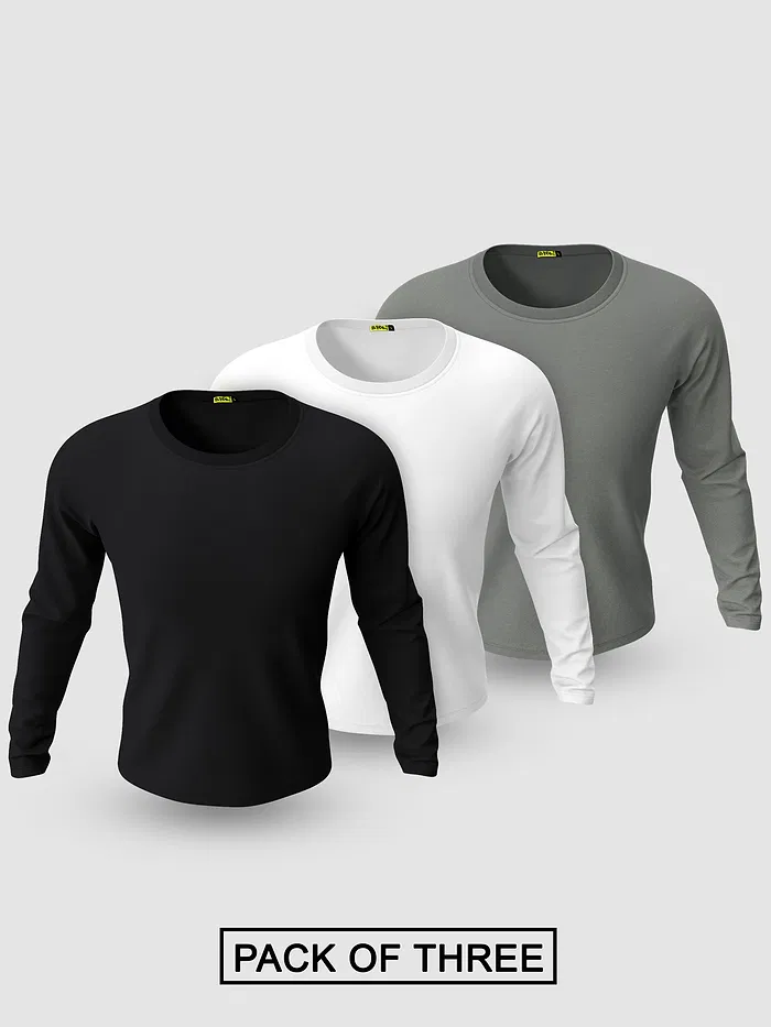 Pack of 3 Plain Full Sleeve T-shirt Black White And Grey
