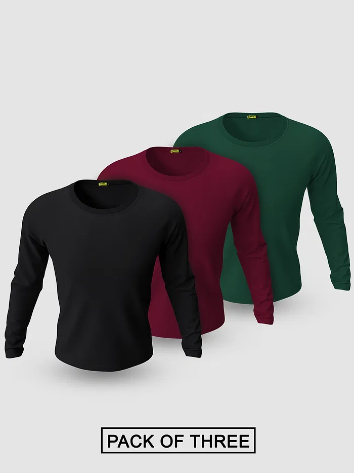 Pack of 3-Full Sleeve T-shirt Combo Black,Bottle Green,Burgundy