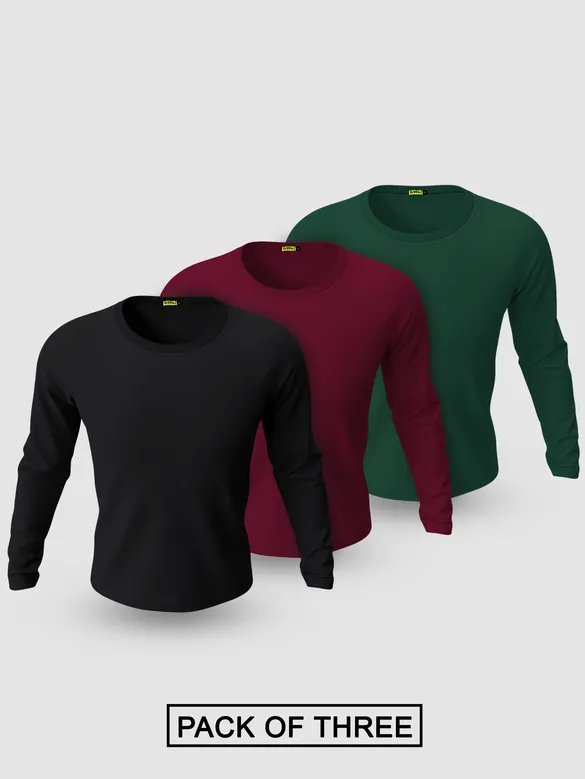 Pack of 3-Full Sleeve T-shirt Combo Black,Bottle Green,Burgundy
