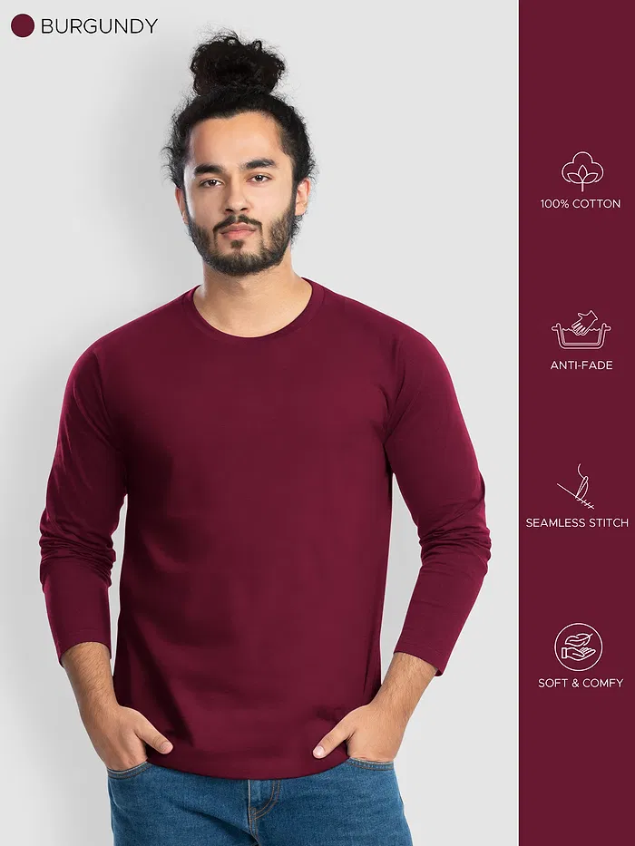 Pack of - 3 Plain Full Sleeve T-shirt Combo Black,Bottle Green,Burgundy