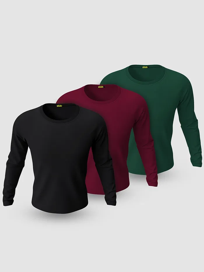 Pack of - 3 Plain Full Sleeve T-shirt Combo Black,Bottle Green,Burgundy