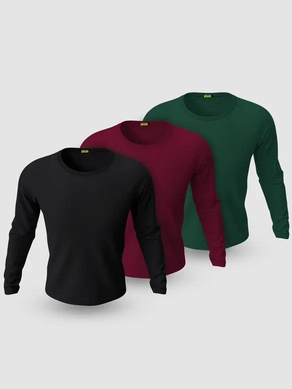 Pack of - 3 Plain Full Sleeve T-shirt Combo Black,Bottle Green,Burgundy