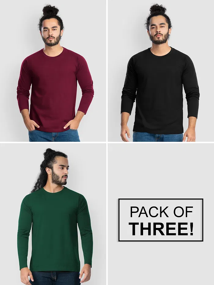 Pack of - 3 Plain Full Sleeve T-shirt Combo Black,Bottle Green,Burgundy