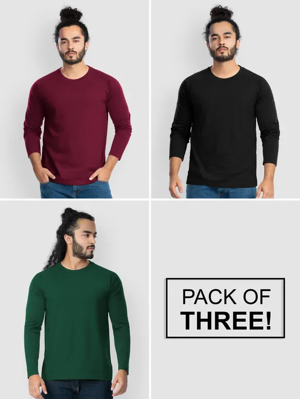 Pack of - 3 Plain Full Sleeve T-shirt Combo Black,Bottle Green,Burgundy