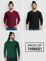 Pack of - 3 Plain Full Sleeve T-shirt Combo Black,Bottle Green,Burgundy