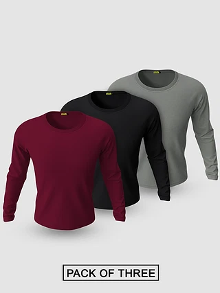 Pack of - 3 Plain Full Sleeve T-shirt Combo Black,Burgundy,Space Grey