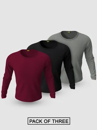 Pack of - 3 Plain Full Sleeve T-shirt Combo Black,Burgundy,Space Grey