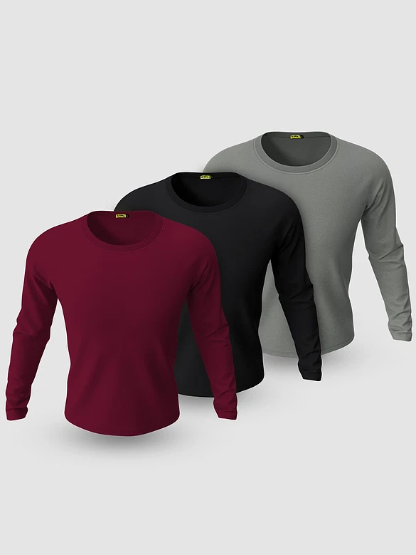 Pack of - 3 Plain Full Sleeve T-shirt Combo Black,Burgundy,Space Grey