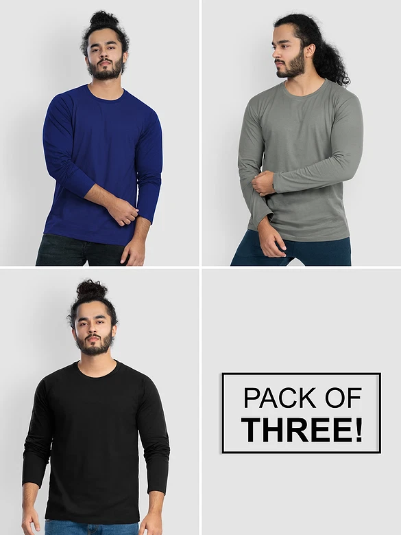Pack of - 3 Plain Full Sleeve T-shirt Combo Navy Blue,Black,Space Grey