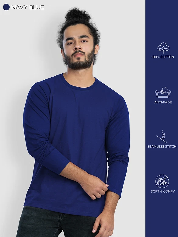 Pack of - 3 Plain Full Sleeve T-shirt Combo Navy Blue,Black,Space Grey