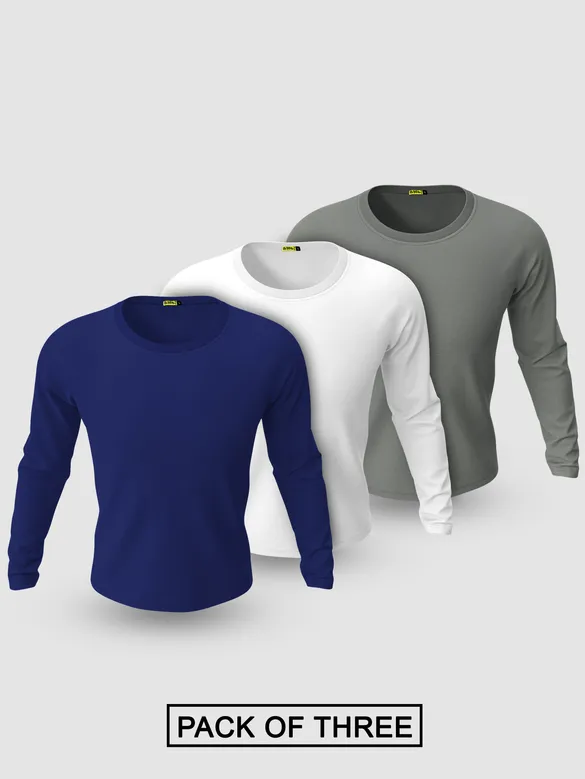 Pack of - 3 Plain Full Sleeve T-shirt Combo Navy Blue,White,Space Grey