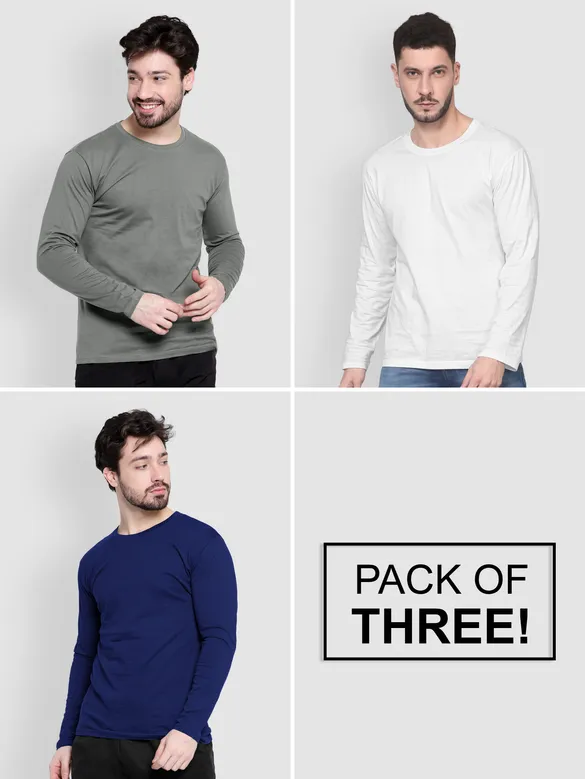 Pack of - 3 Plain Full Sleeve T-shirt Combo Navy Blue,White,Space Grey
