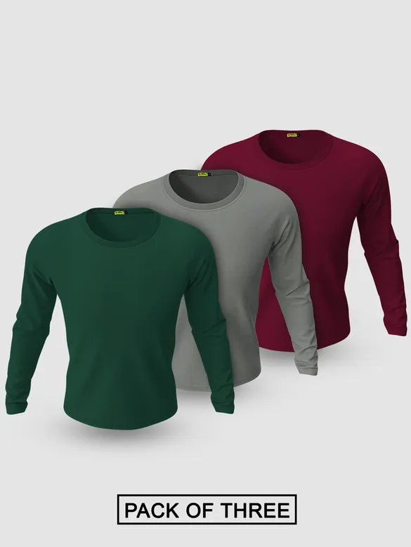 Pack of - 3 Plain Full Sleeve T-shirt Combo Bottle Green,Space Grey,Burgundy