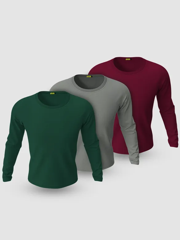 Pack of - 3 Plain Full Sleeve T-shirt Combo Bottle Green,Space Grey,Burgundy