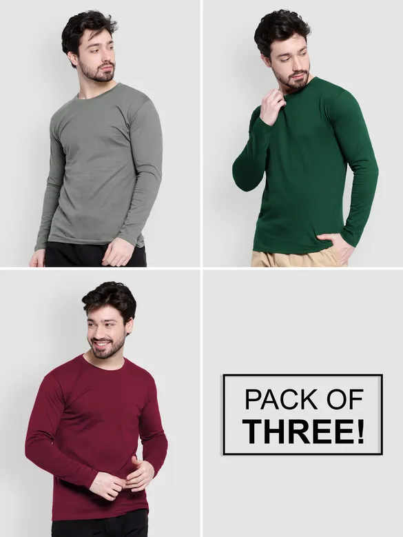 Pack of - 3 Plain Full Sleeve T-shirt Combo Bottle Green,Space Grey,Burgundy